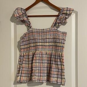 LOFT Pastel Plaid Smocked Ruffle Strap Tank Top